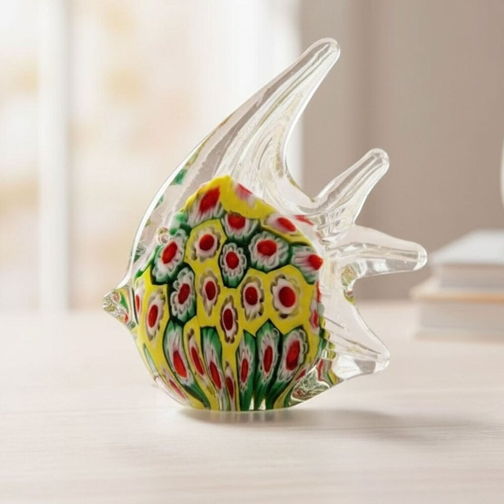 Vibrant Millefiori Murano Style Glass Angel Fish Paperweight Decor Yellow Red